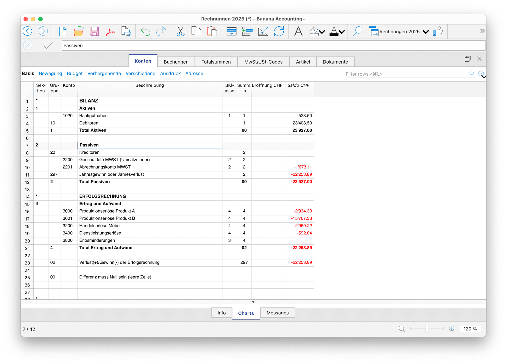 Liste von Bilanzkonten in der Schweizer Buchhaltungssoftware «Banana Buchhaltung» im Vergleich mit infinity.swiss