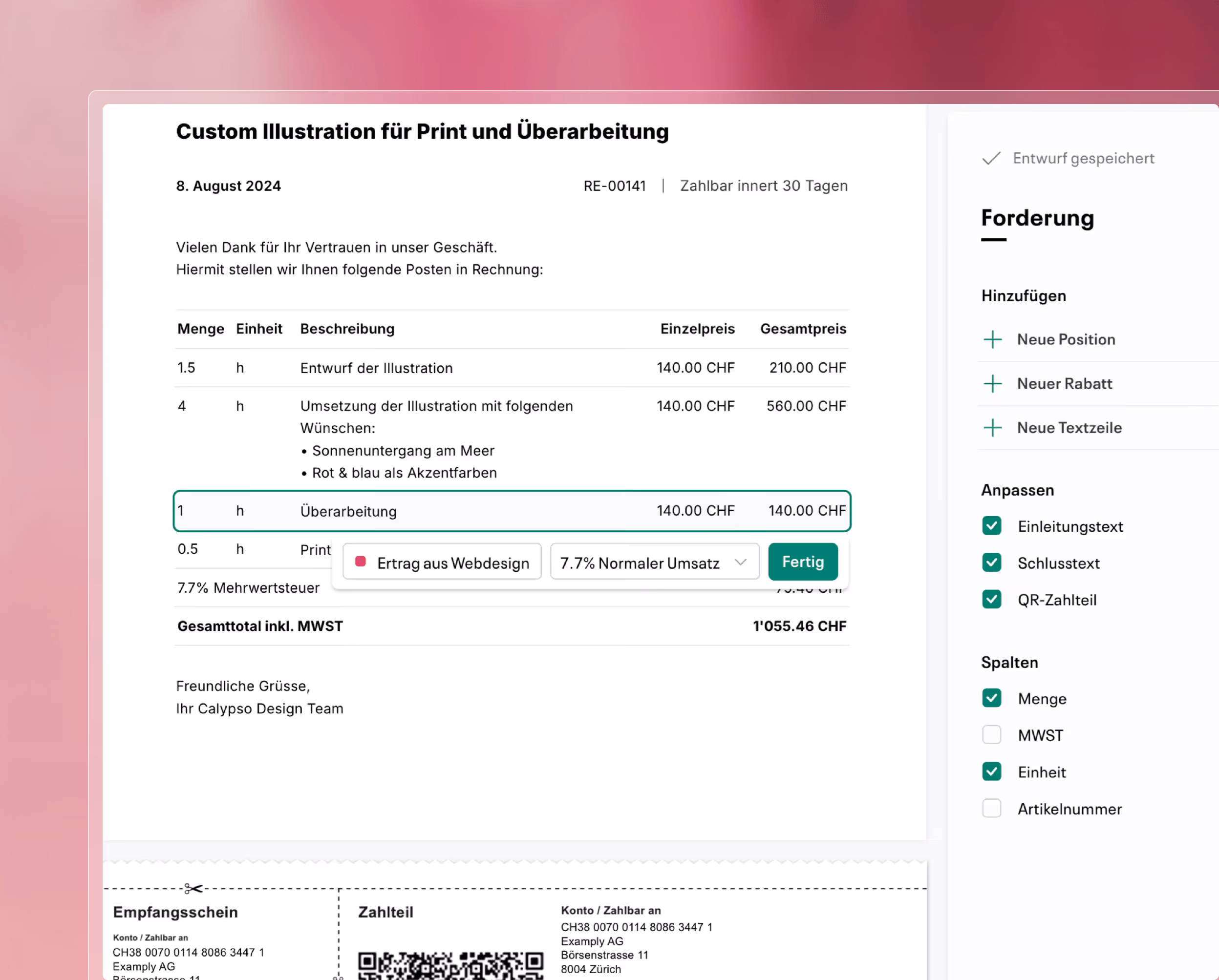 Instant Fill completing an invoice from a few keywords
