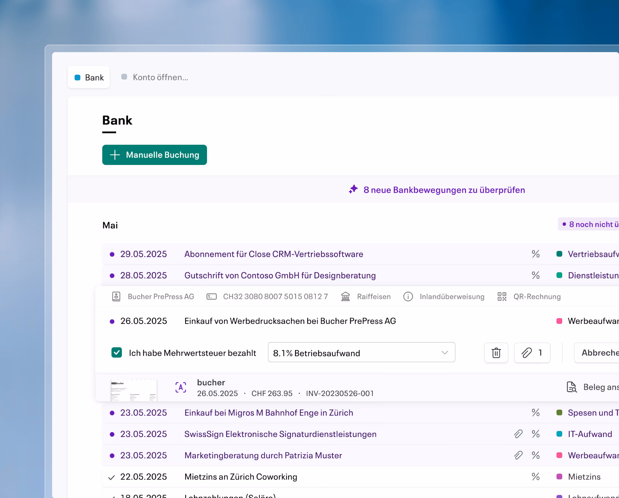 Live Accounting proposing the matching booking for a bank transaction