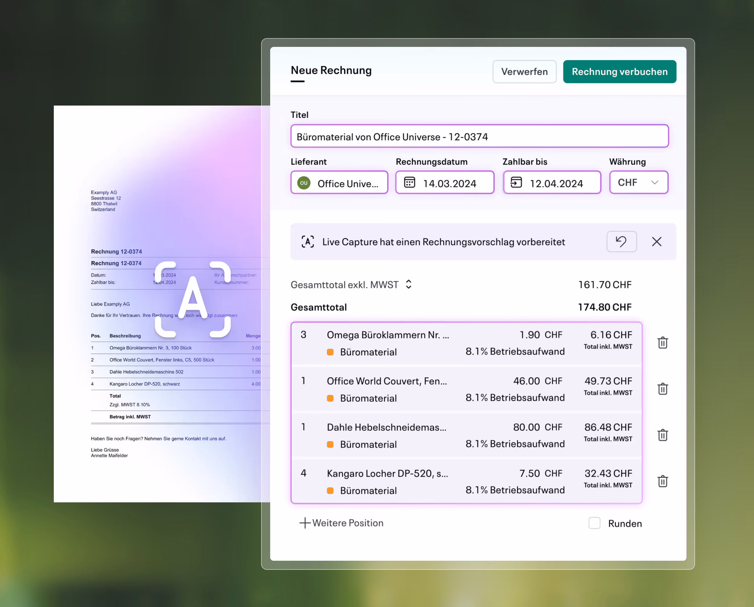 Live Capture reading a receipt and proposing the booking