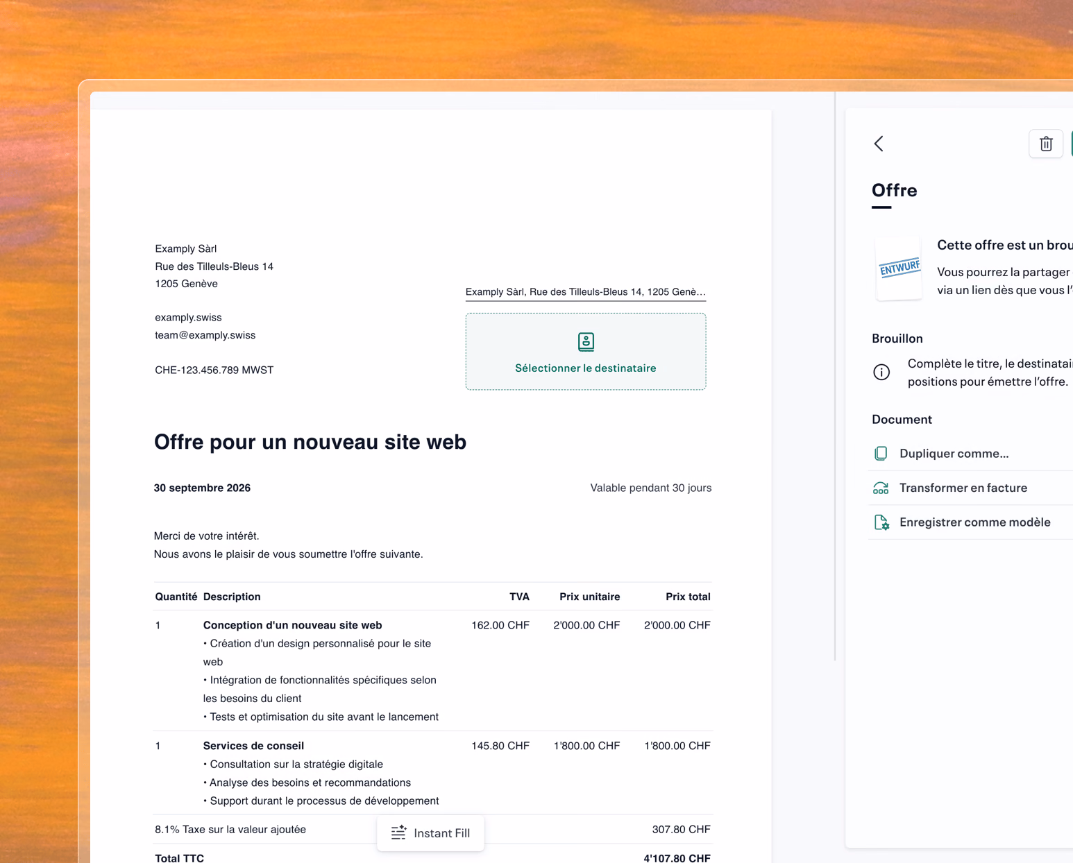 Éditeur visuel pour établir des factures