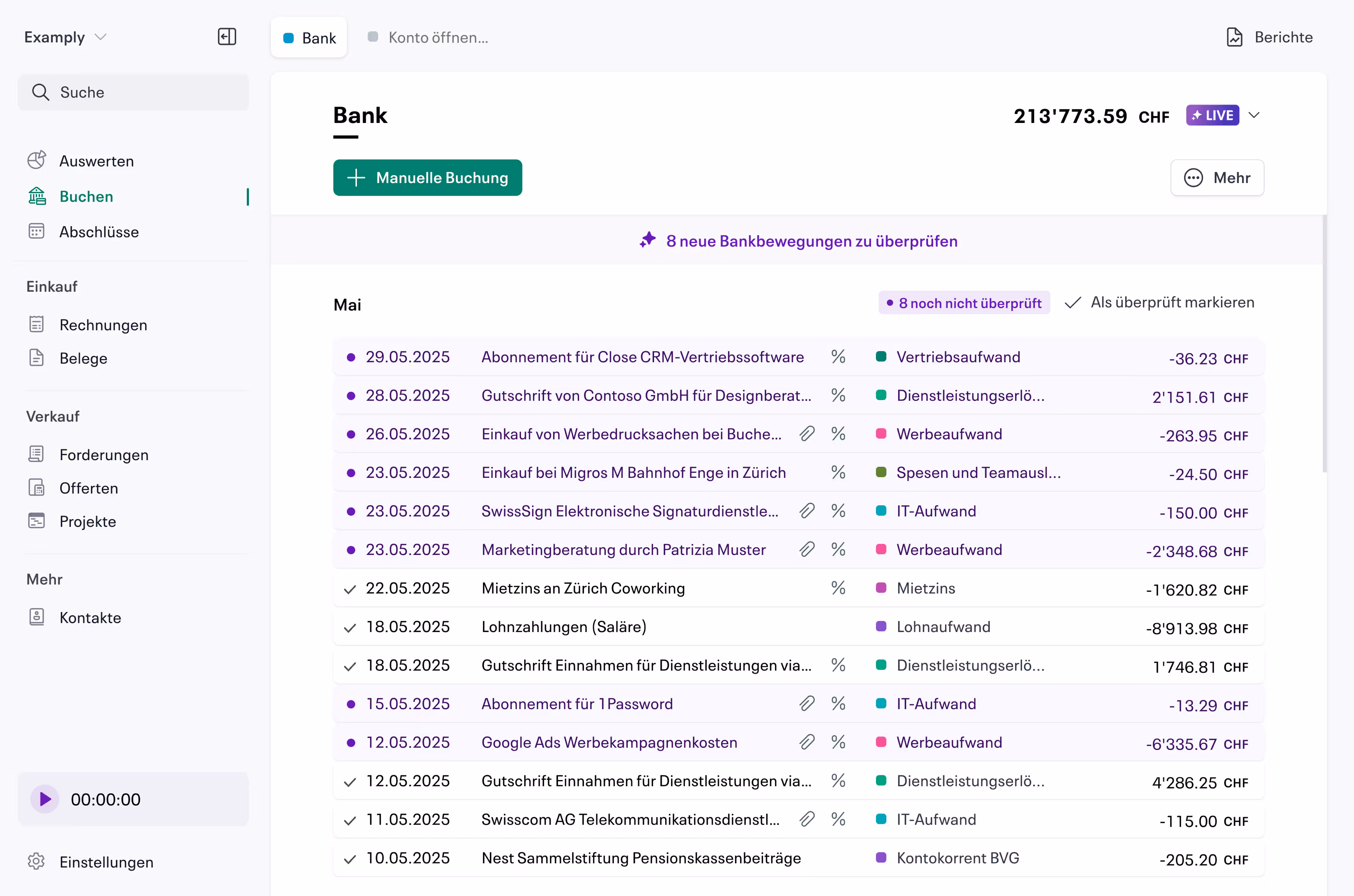 List of Live Accounting entries in the Swiss AI accounting software infinity.swiss