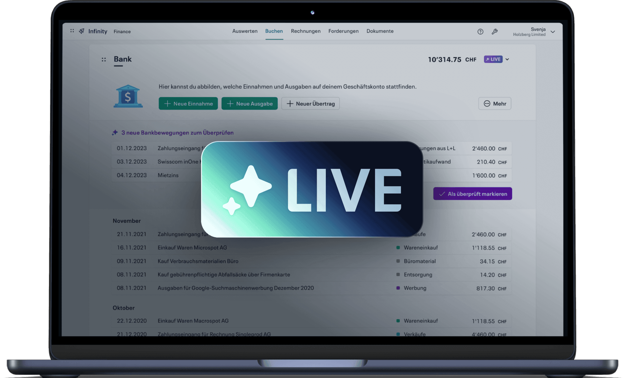 Laptop with Infinity Finance, connected to the bank account