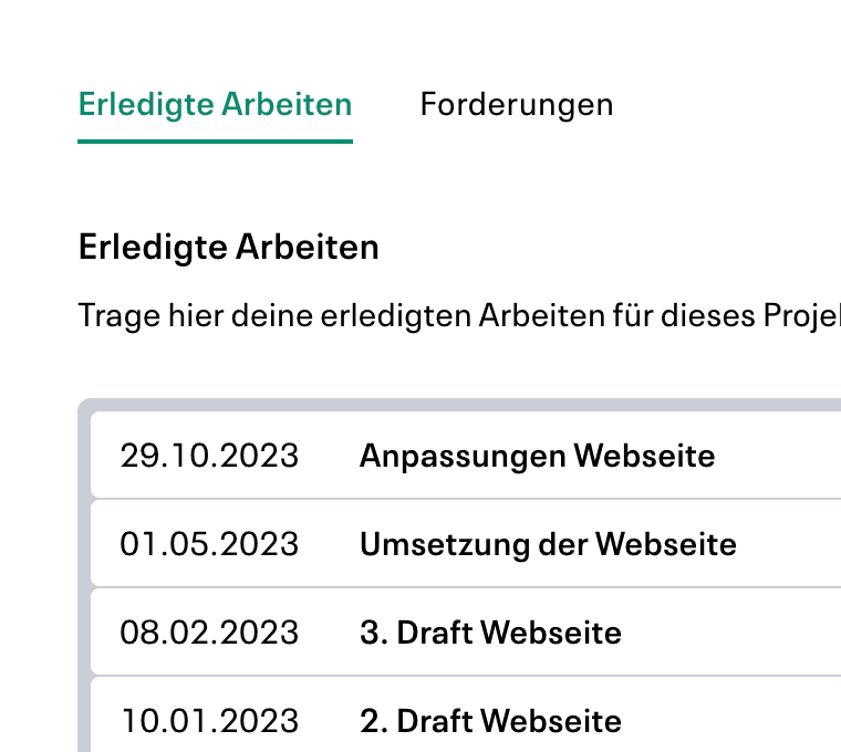 Projektübersicht aller bereits geleisteter Arbeit