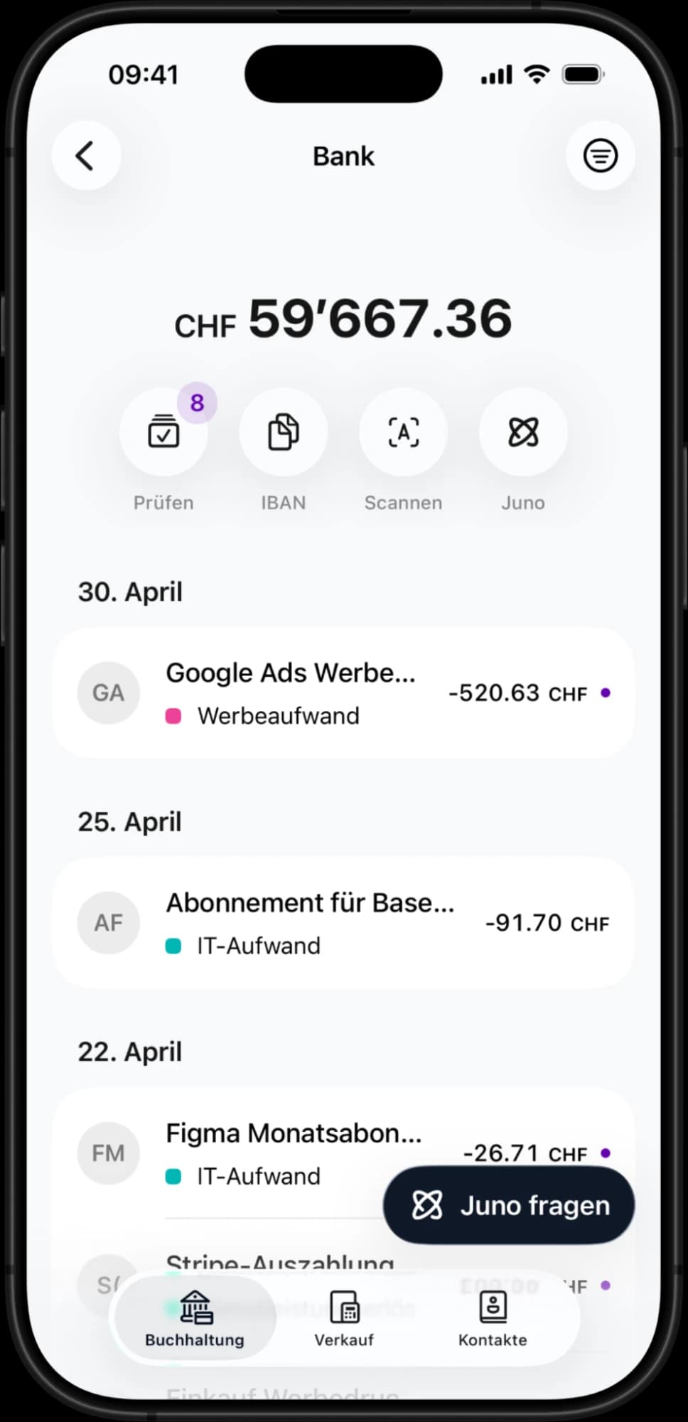 Smartphone zeigt Bankapp mit Kontostand 59’667.36 CHF und Ausgaben für Google Ads, Base, Figma.
