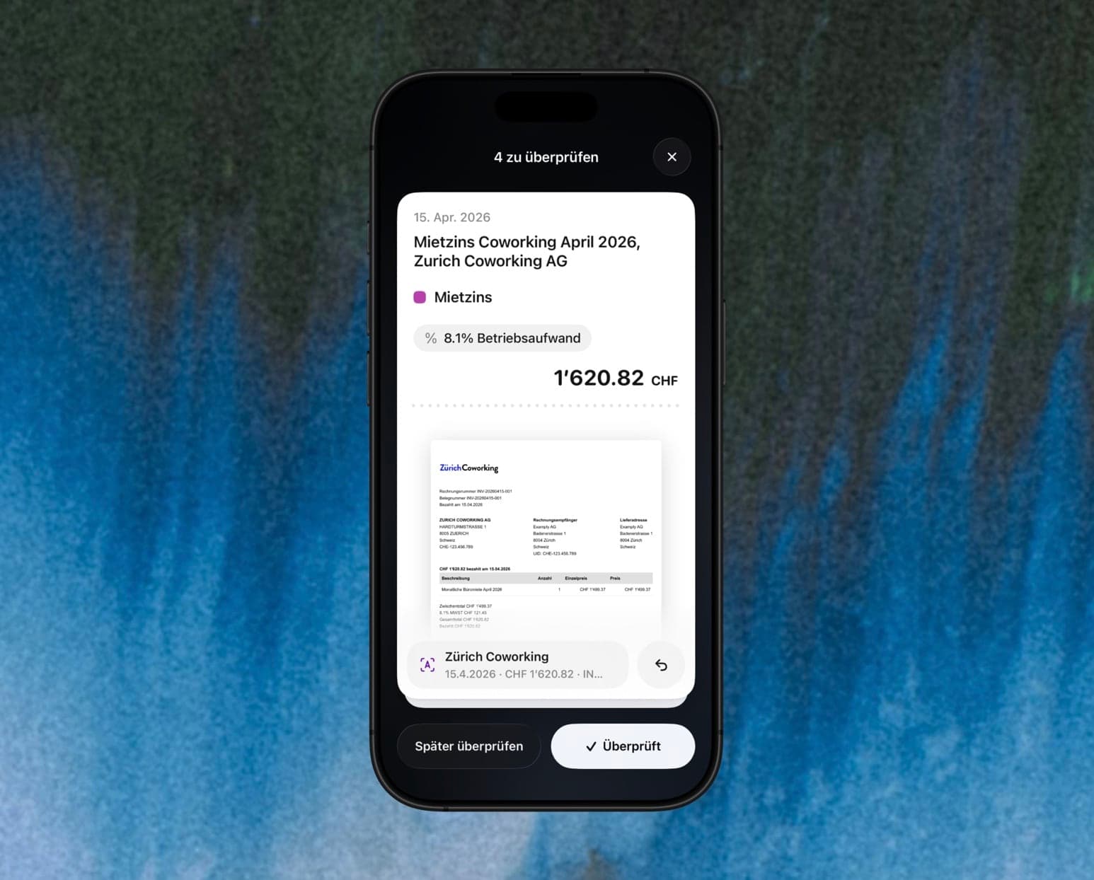 Smartphone showing an accounting app with a rent invoice for April 2026 from Zürich Coworking, amount CHF 1620.82.