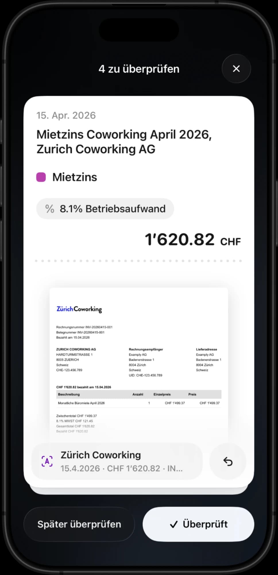 Smartphone zeigt Buchhaltungs-App mit Mietzinsrechnung für April 2026 von Zürich Coworking, Betrag 1620.82 CHF.