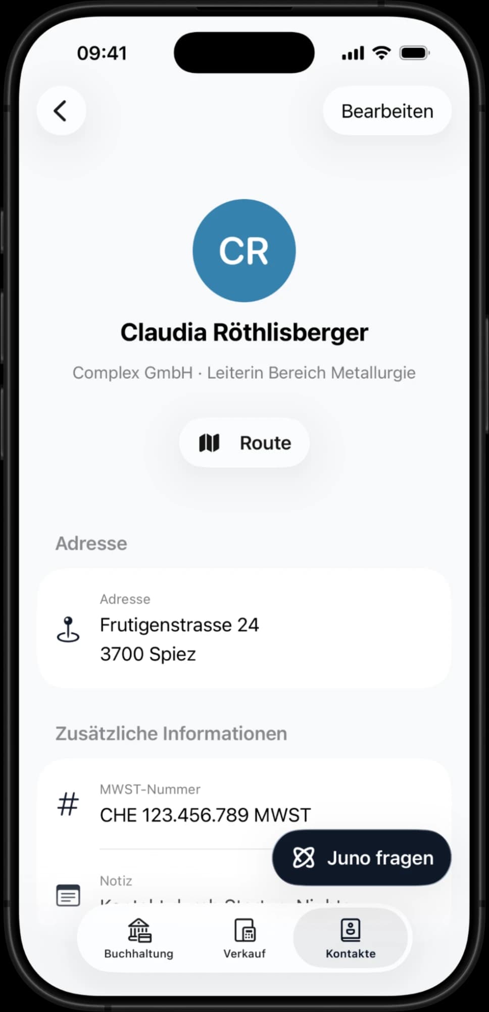 Handy zeigt Kontaktinfos von Claudia Röthlisberger, Adresse Frutigenstrasse 24, 3700 Spiez, MWST-Nummer.