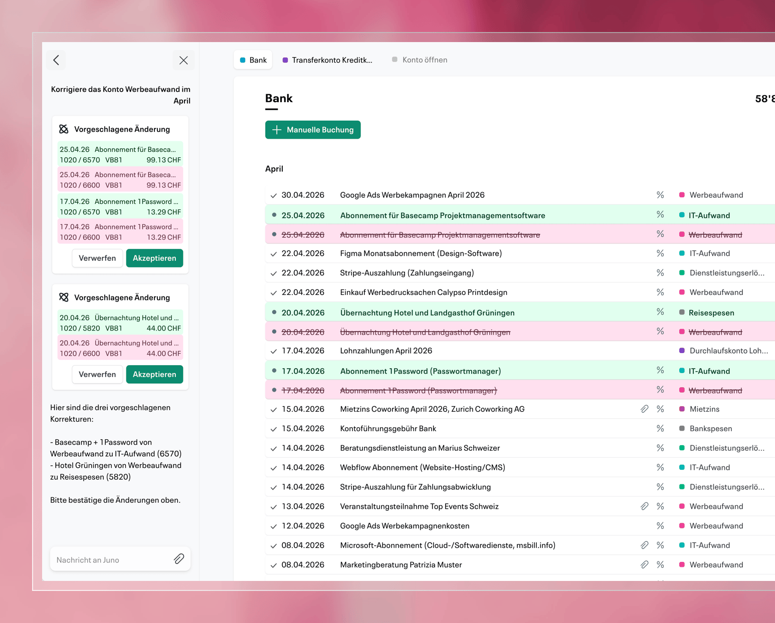 Smartphone showing an accounting app with a rent invoice for April 2026 from Zürich Coworking, amount CHF 1620.82.
