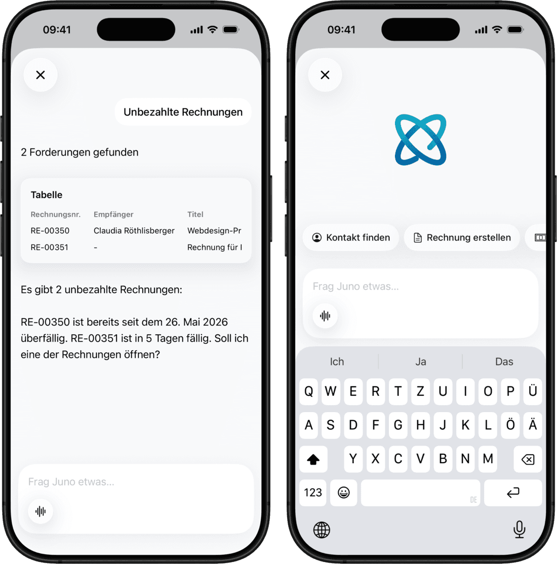 Two smartphones showing an app with unpaid invoices and the Juno chat interface.