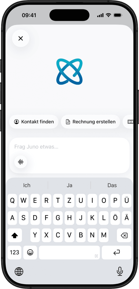 Smartphone showing the Juno app with the options find contact and create invoice, above a German keyboard.