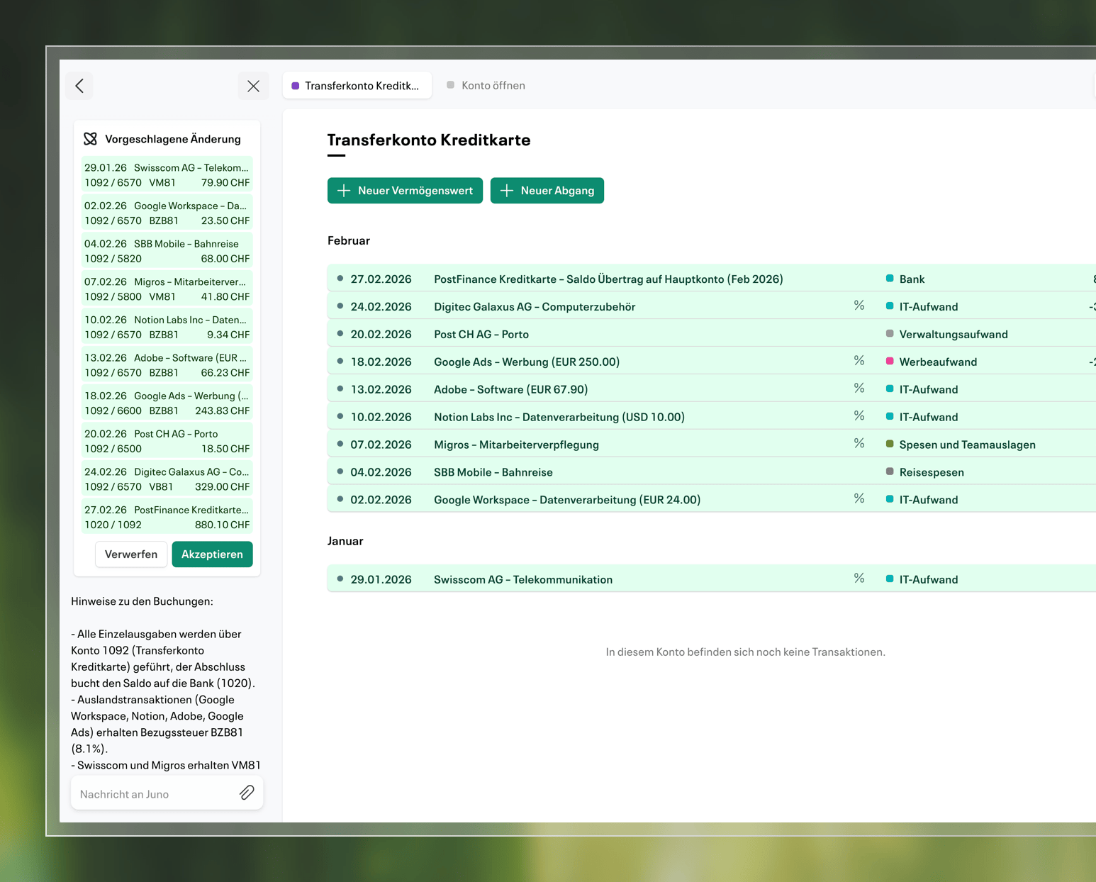Smartphone showing a banking app with a balance of CHF 59’667.36 and expenses for Google Ads, Base and Figma.