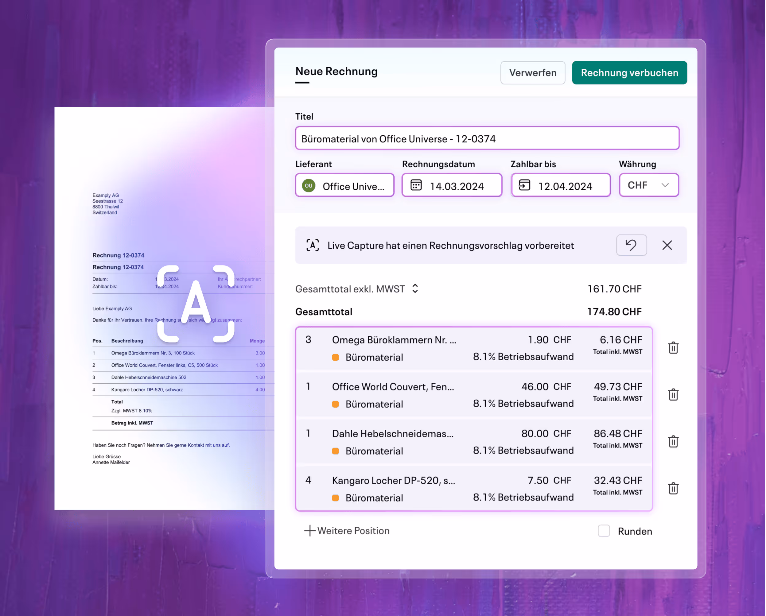 Live Capture recognises the contents of your invoices